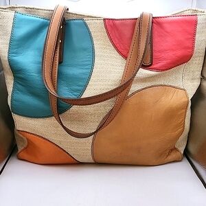 Vintage Fossil Burlap Tote w/ Leather Circles and Straps